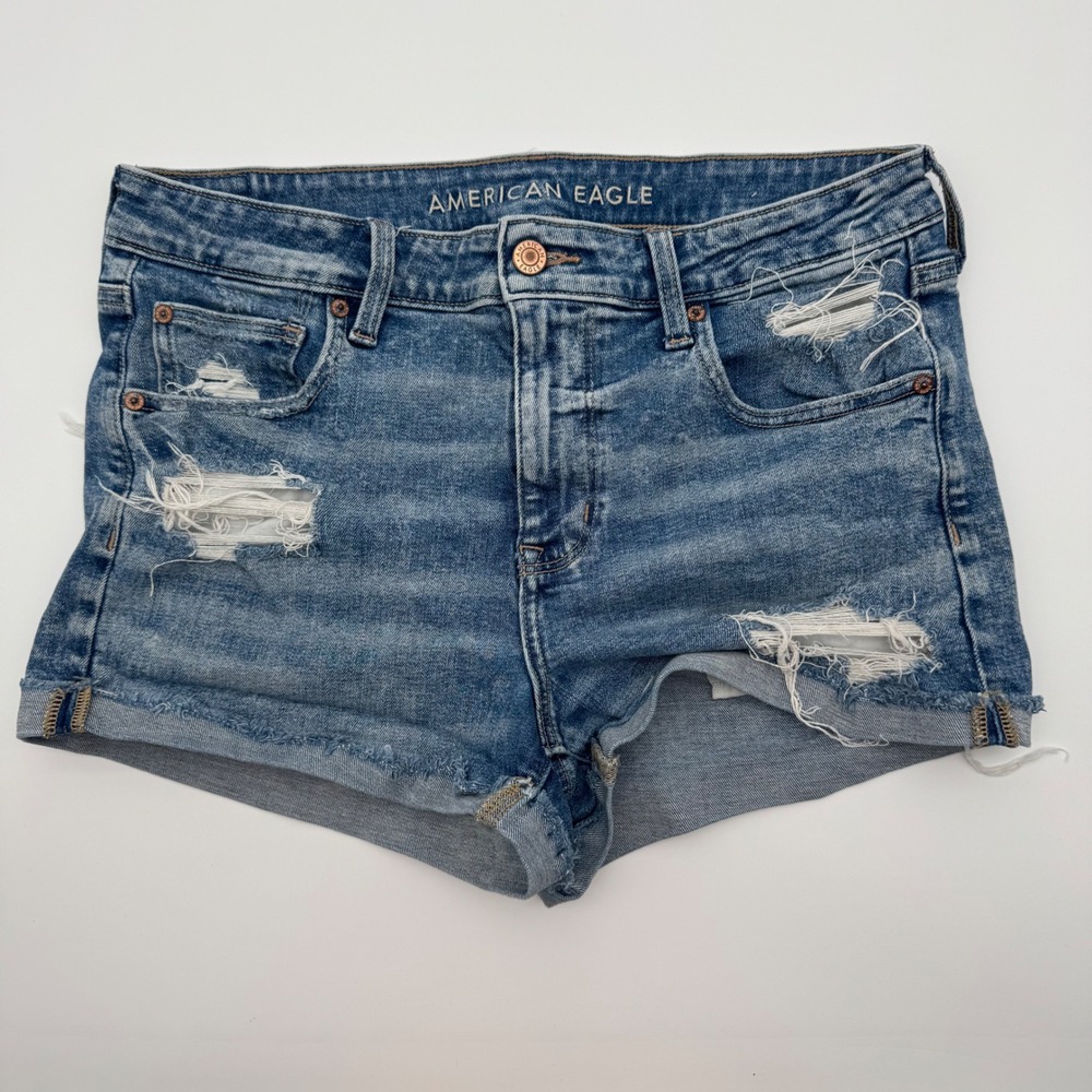 American Eagle Hi-Rise Shortie Distressed Denim Shorts Women 12 Medium Wash